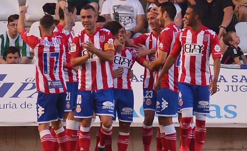 Els jugadors del Girona celebren el gol de Felipe Sanchón contra el Còrdova.