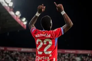 Yaser Asprilla celebra un dels seus gols contra Las Palmas